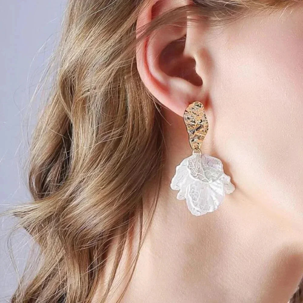 Shell Petal Flower Drop Statement Earrings Gold